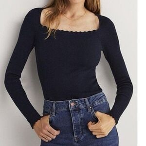 Boden Blue Navy Ribbed Square Neck Top Size 4